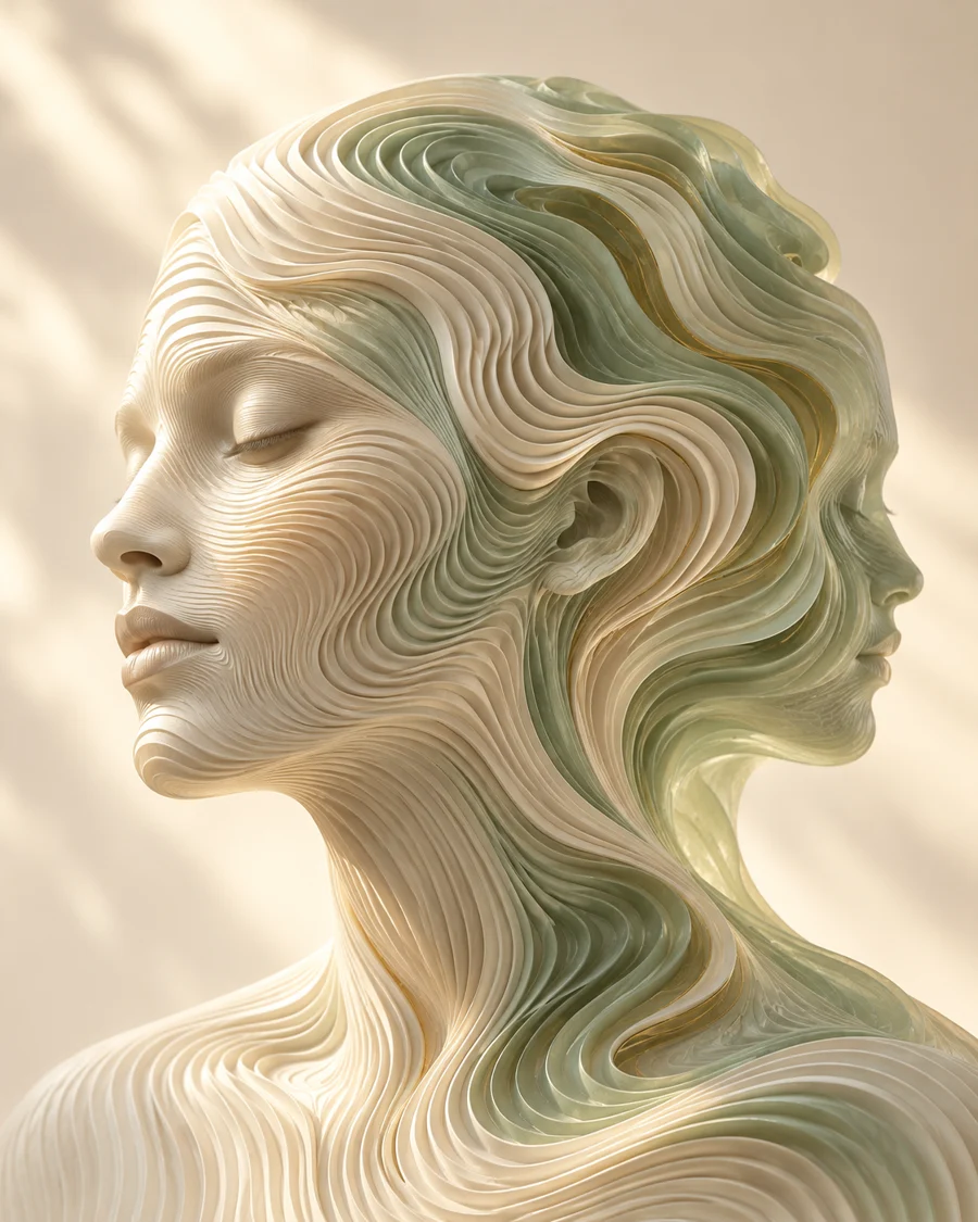 Escultura de dos perfiles humanos entrelazados por capas de marfil y verde salvia